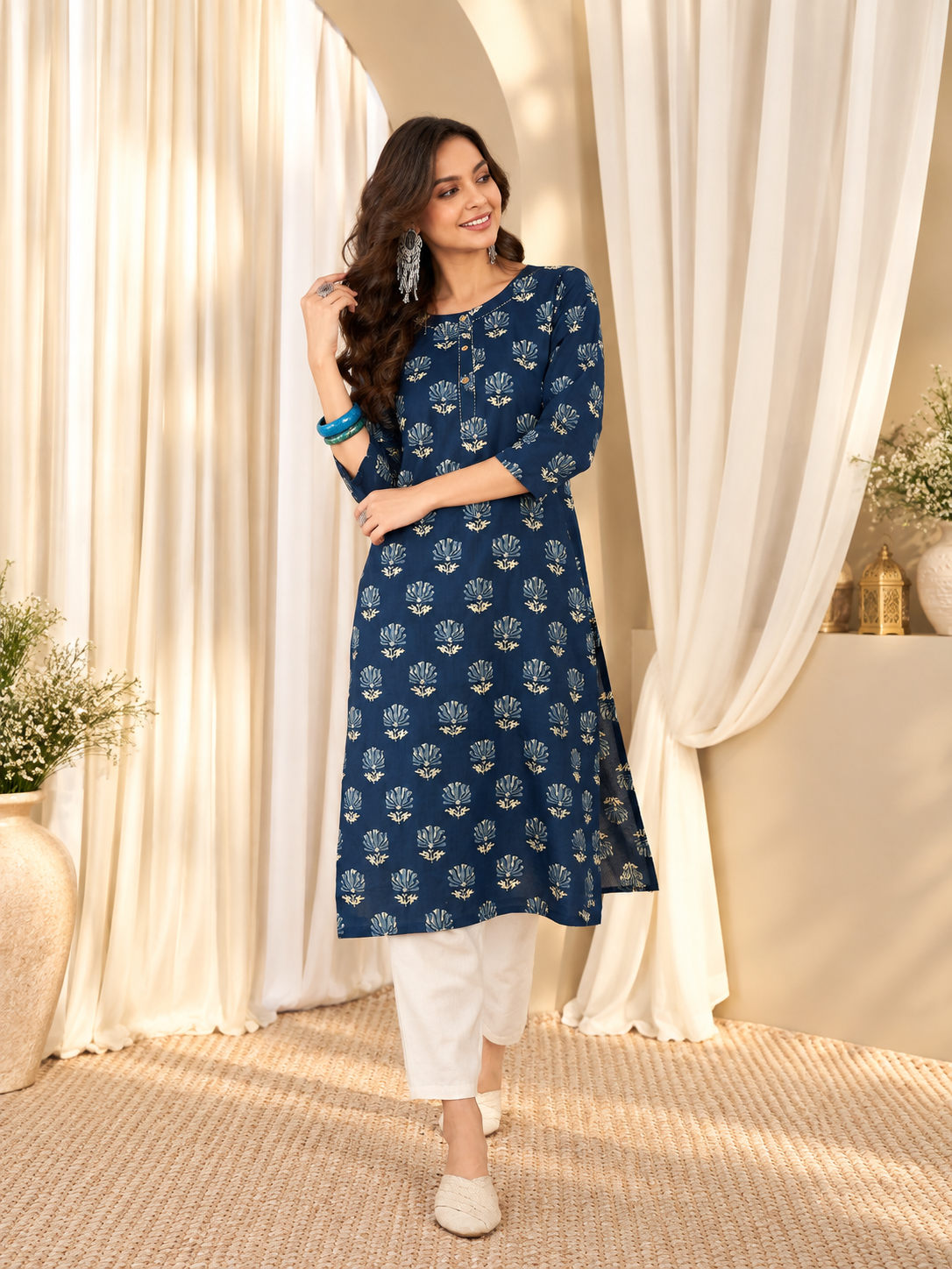 Women's Navy Blue Pure Cotton Digital Print Straight Kurta