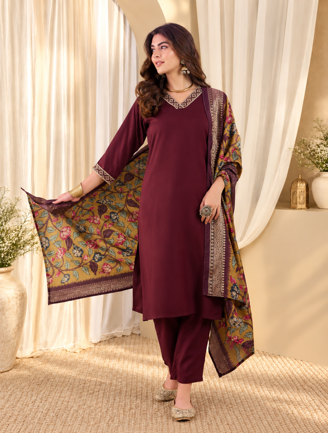 Embroidered Straight Kurta With Trouser & Dupatta Set