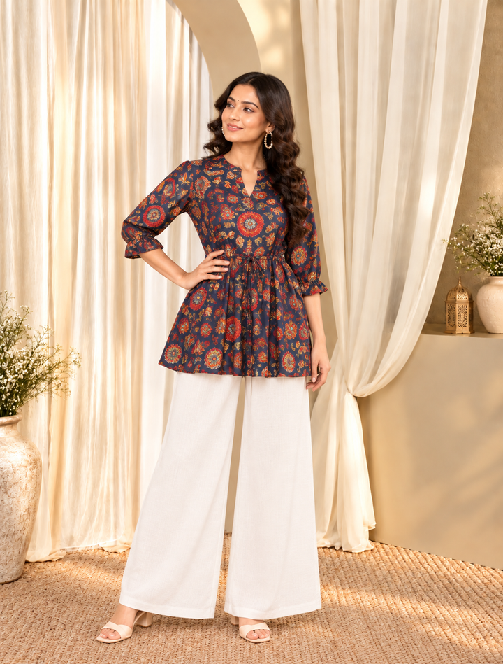 Navy Blue Floral Print Mandarin Collar Cotton Top