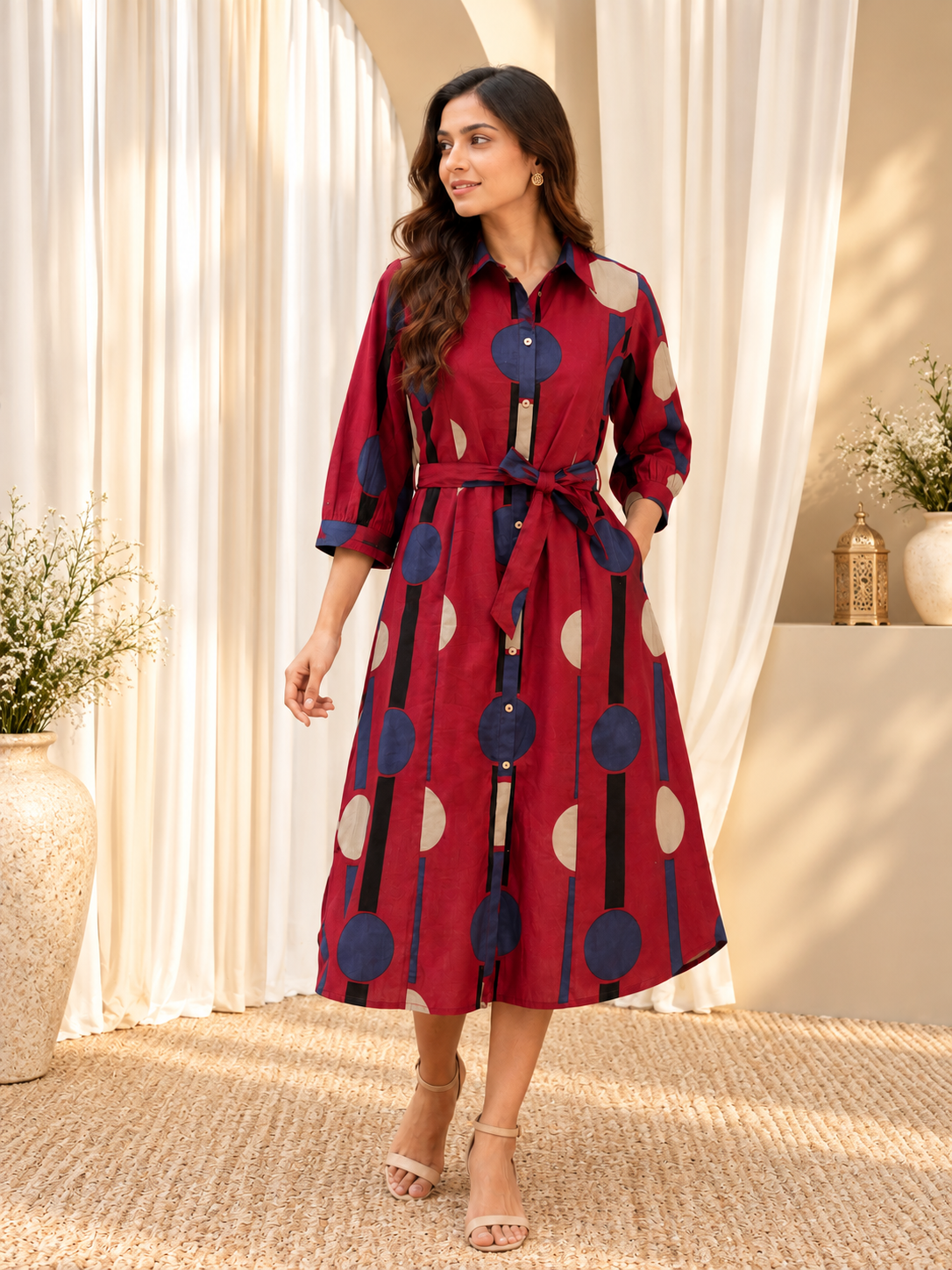 Women's Maroon Abstract Printed Dress