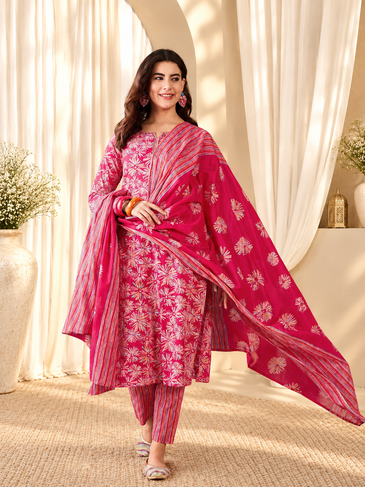 Floral Printed Sequinned Straight Kurta &amp; Trouser With Dupatta