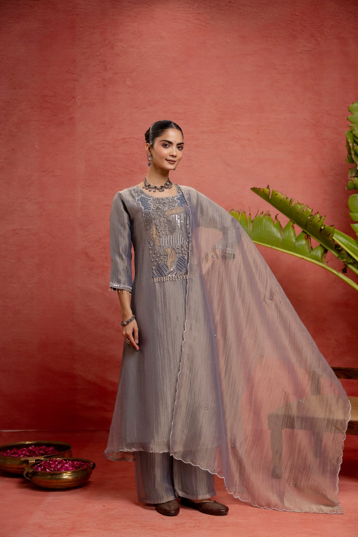 Women's Grey Embroidered Kurta & Trousers With Dupatta Set