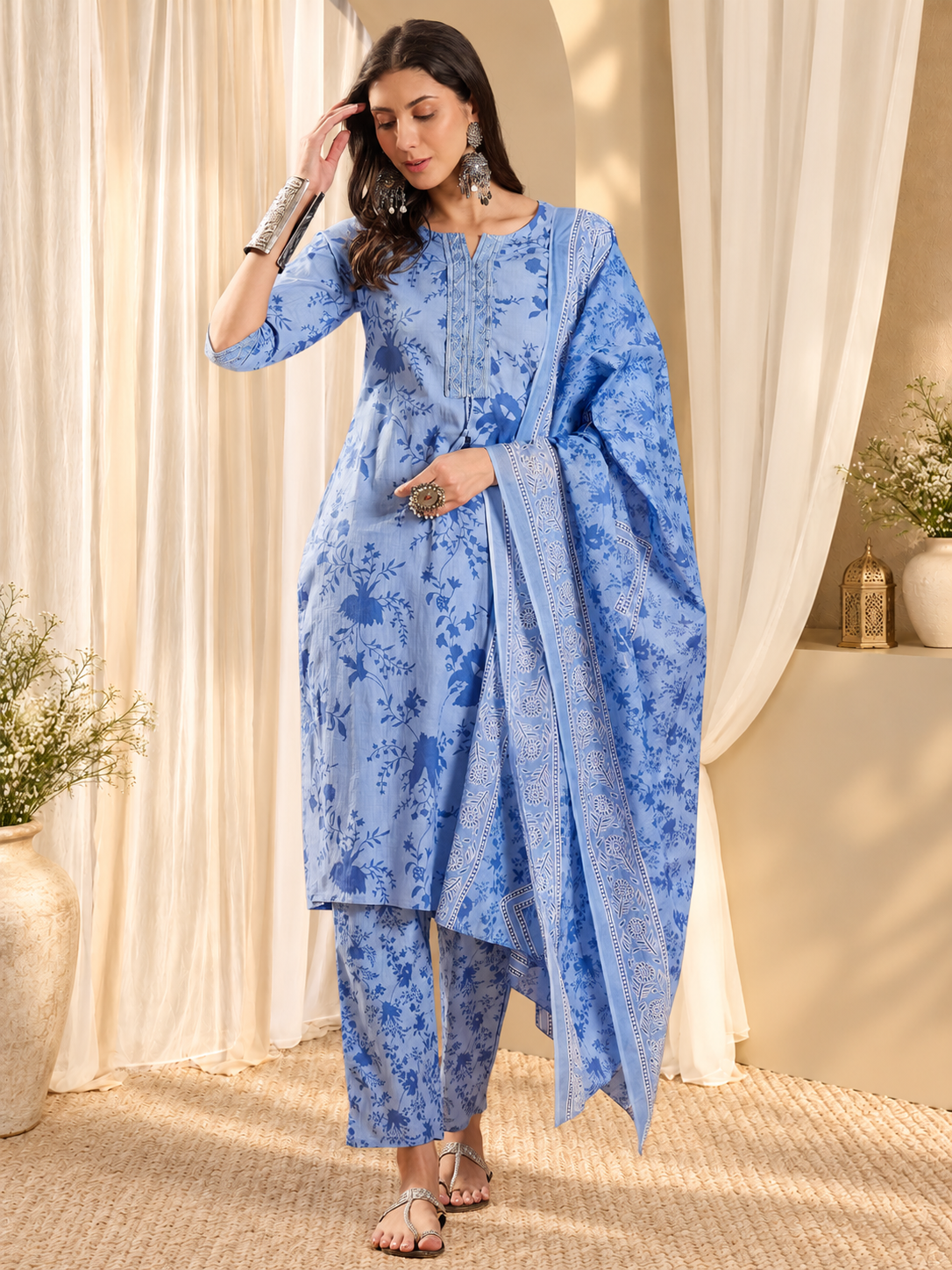 Floral Printed Notch Neck Pure Cotton Straight Kurta With Trousers & Dupatta