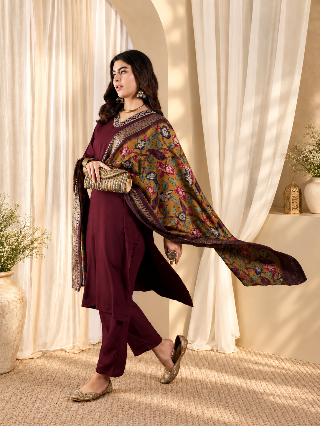Women's Maroon Straight Kurta With Trousers & Dupatta Set