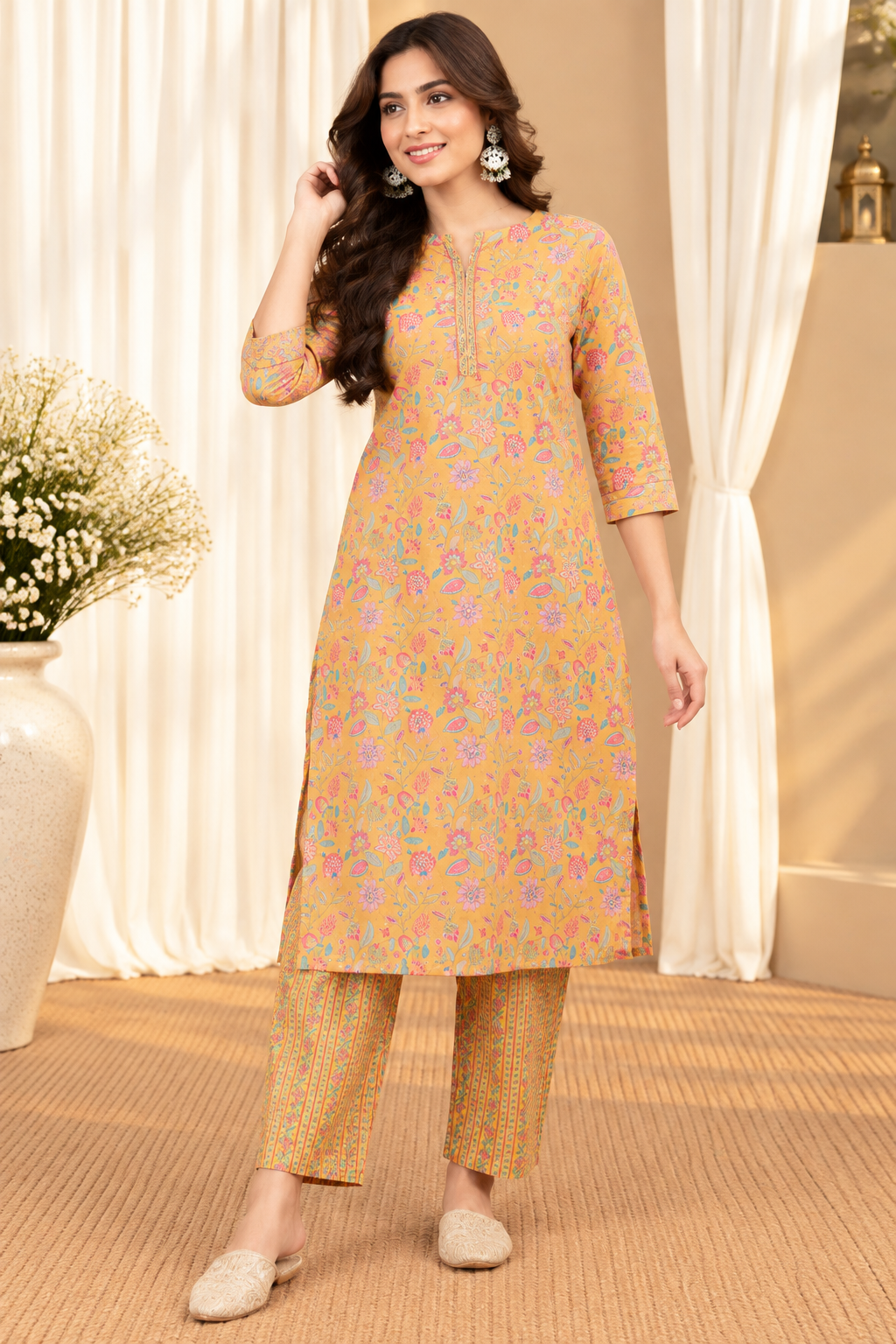 Women's Yellow & Pink Printed Straight Kurta With Pant Set