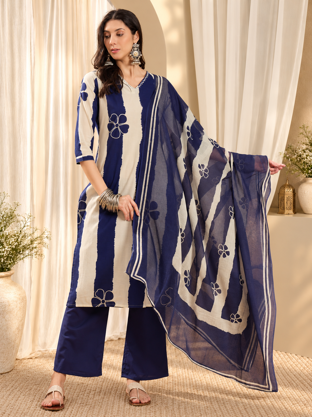 Women's Navy Blue & White Striped Pure Cotton Straight Kurta & Trousers With Printed Dupatta Set