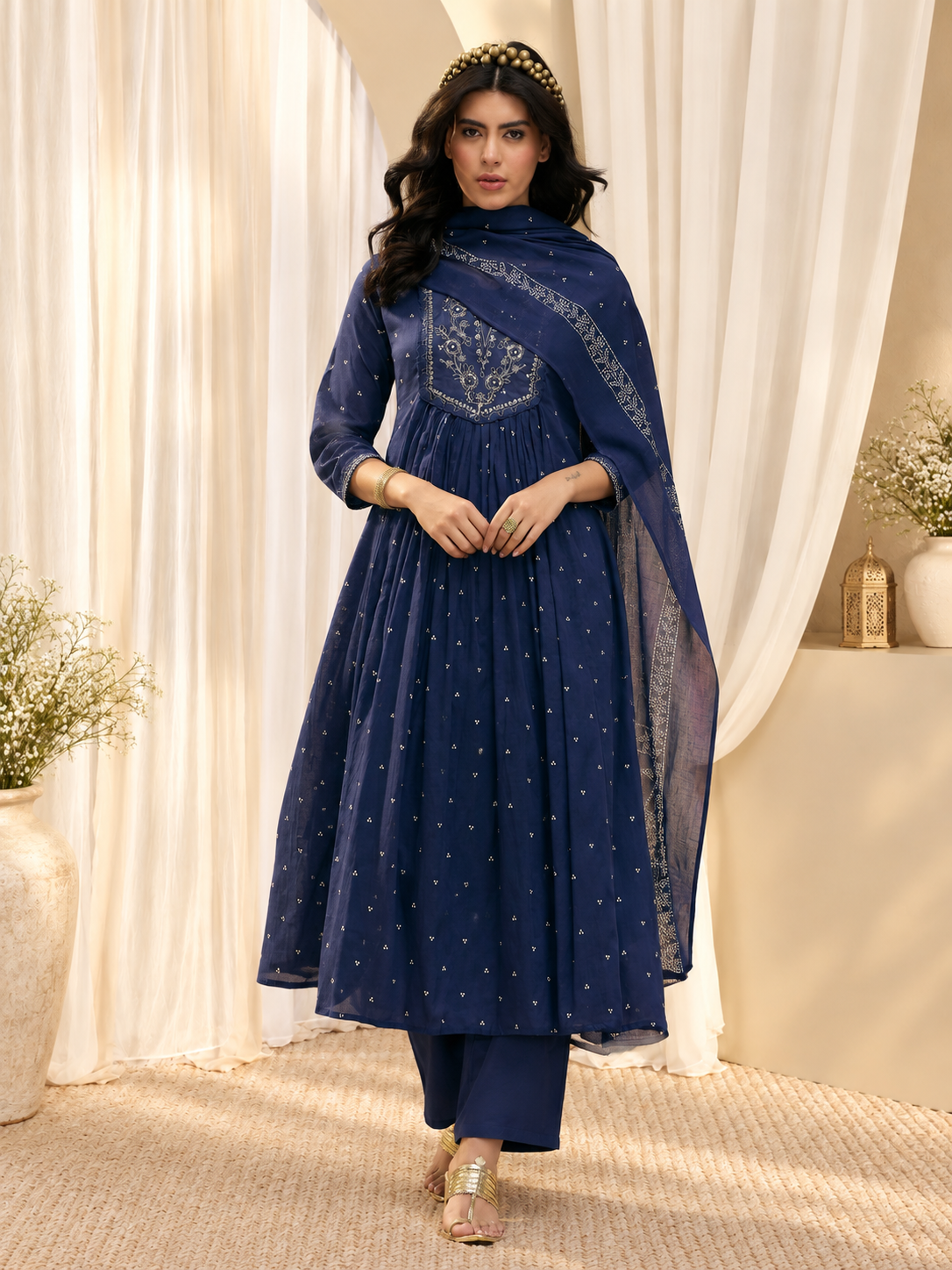 Women's Blue Printed Round Neck A-Line Cotton Blend Kurta With Trousers & Dupatta Set