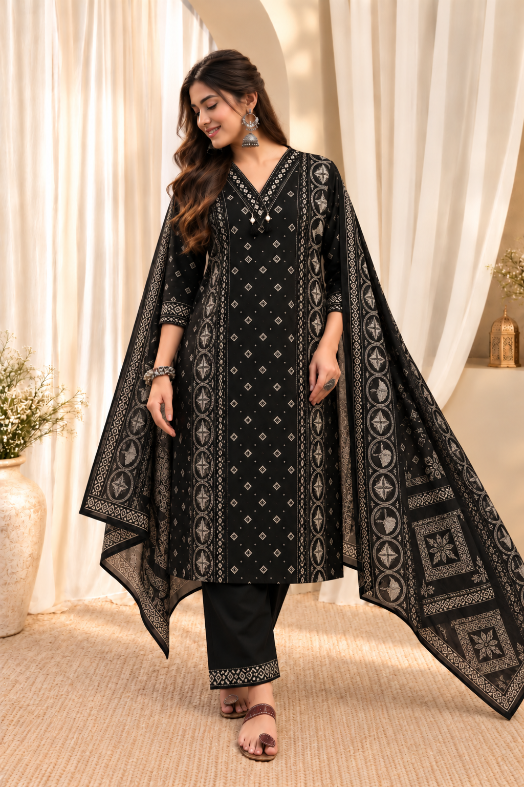 Women's Pure Cotton Printed Black Kurta & Pant With Dupatta Set