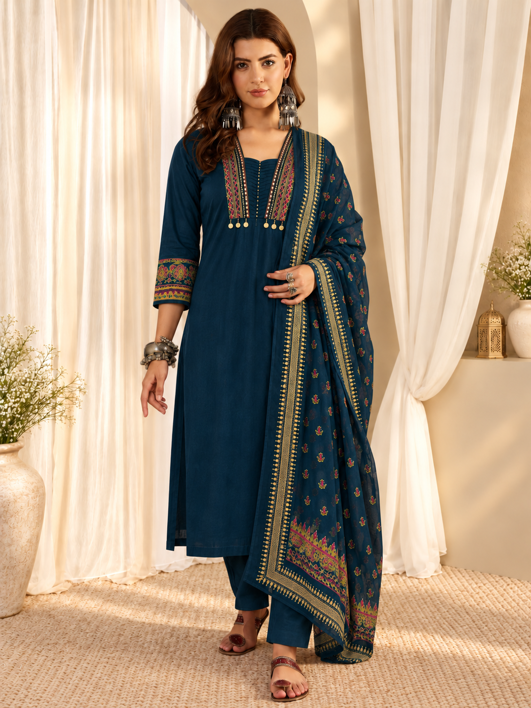 Women's Pure Cotton Embroidered Teal Blue Kurta & Pant With Dupatta Set