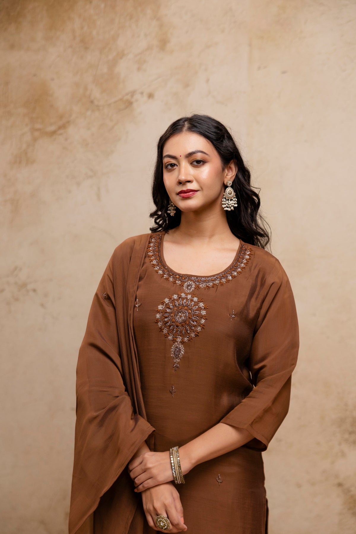 Women's Brown Embroidered Straight Round Neck Kurta & Trousers With Dupatta Set