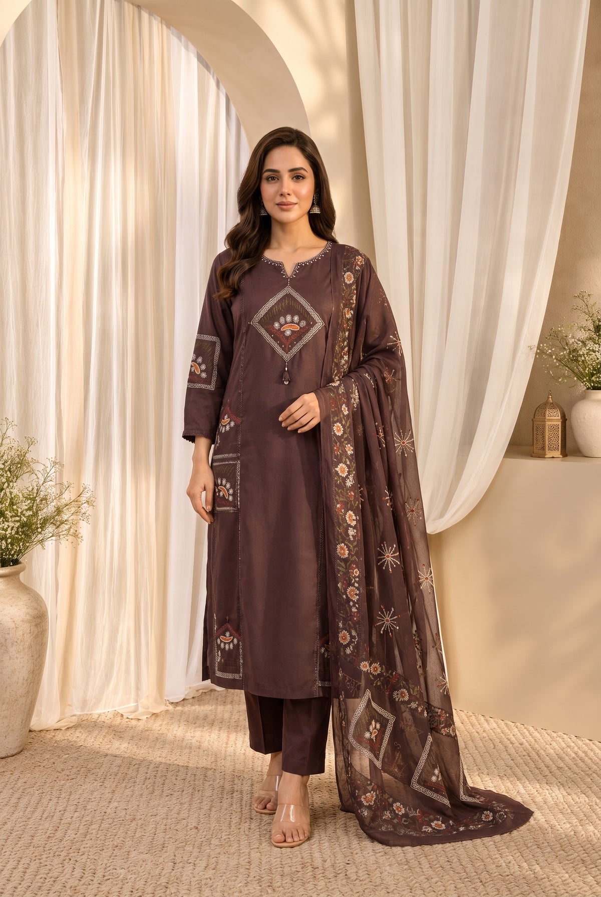 Women's Brown Mirror Work Straight Round Neck Kurta With Trousers & Dupatta Set