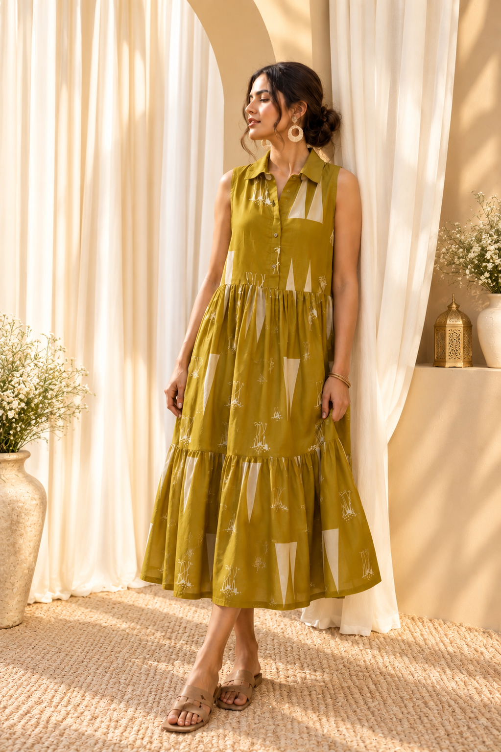 Women Yellow Printed Shirt Collar Tiered A-Line Dress