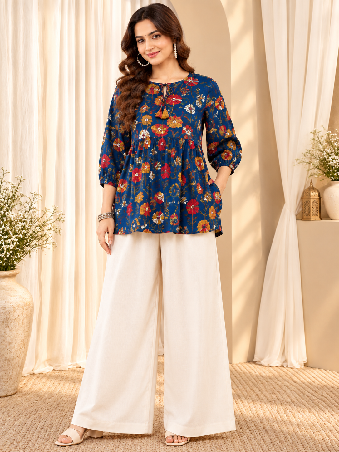 Women's Blue Floral Printed Flared Top