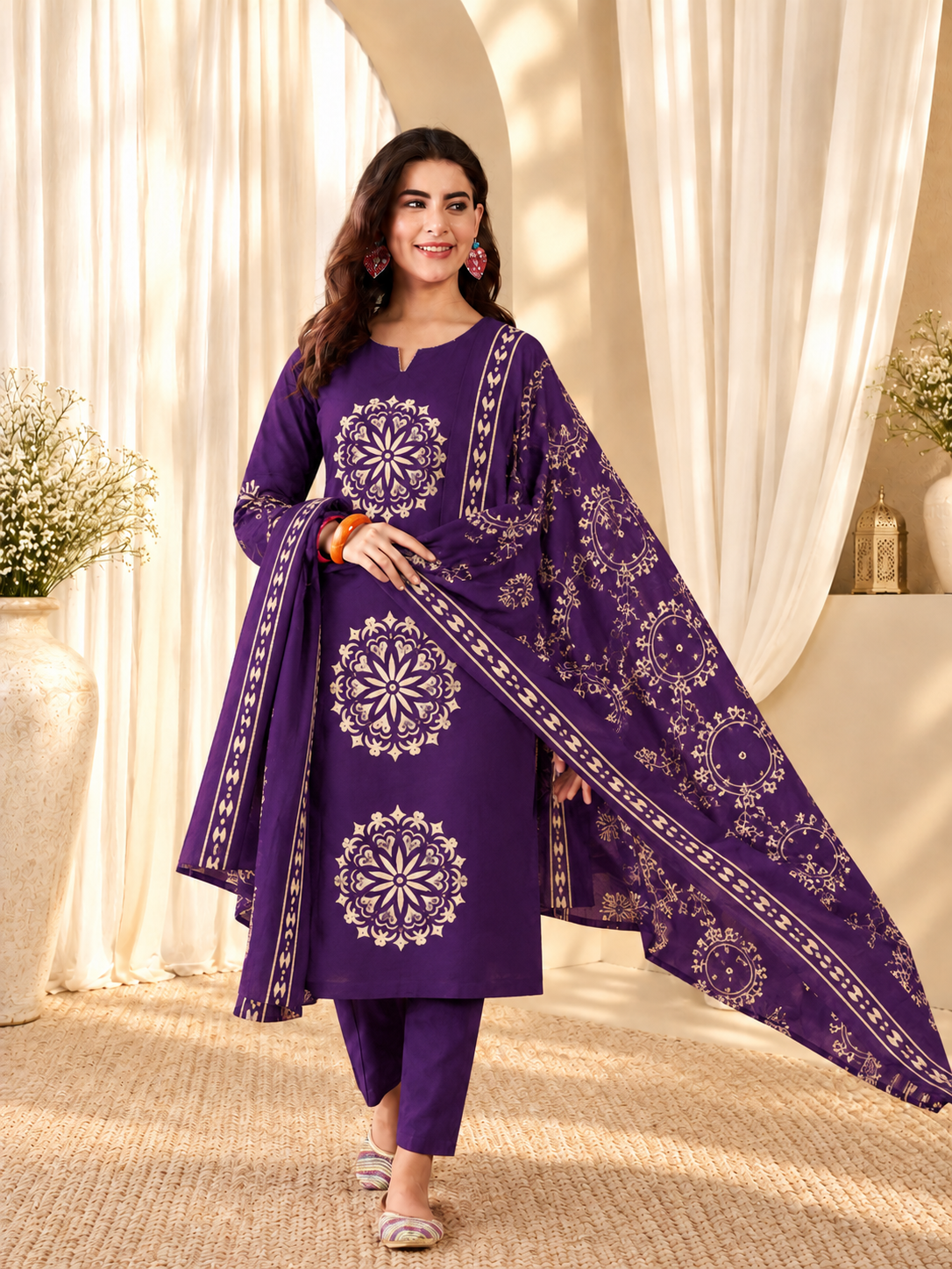 Women's Pure Cotton Floral Print Purple Kurta & Pant With Dupatta Set