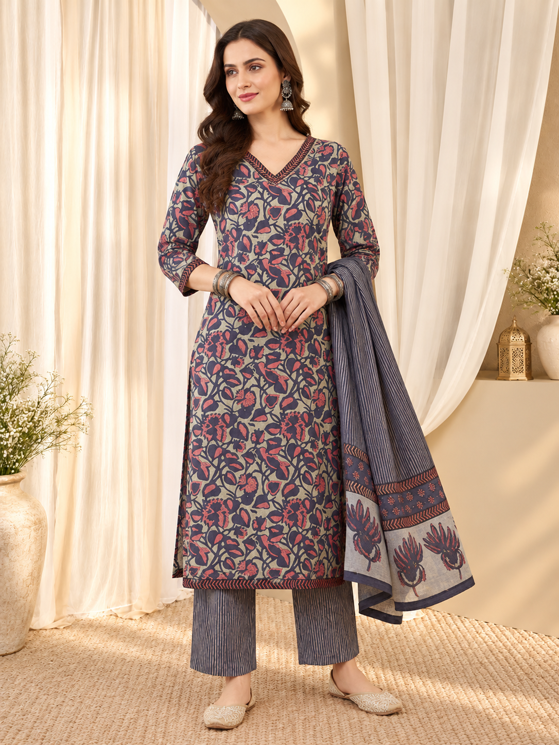 Women's Navy Blue & Pink Cotton Floral Print Kurta & Trousers With Dupatta Set