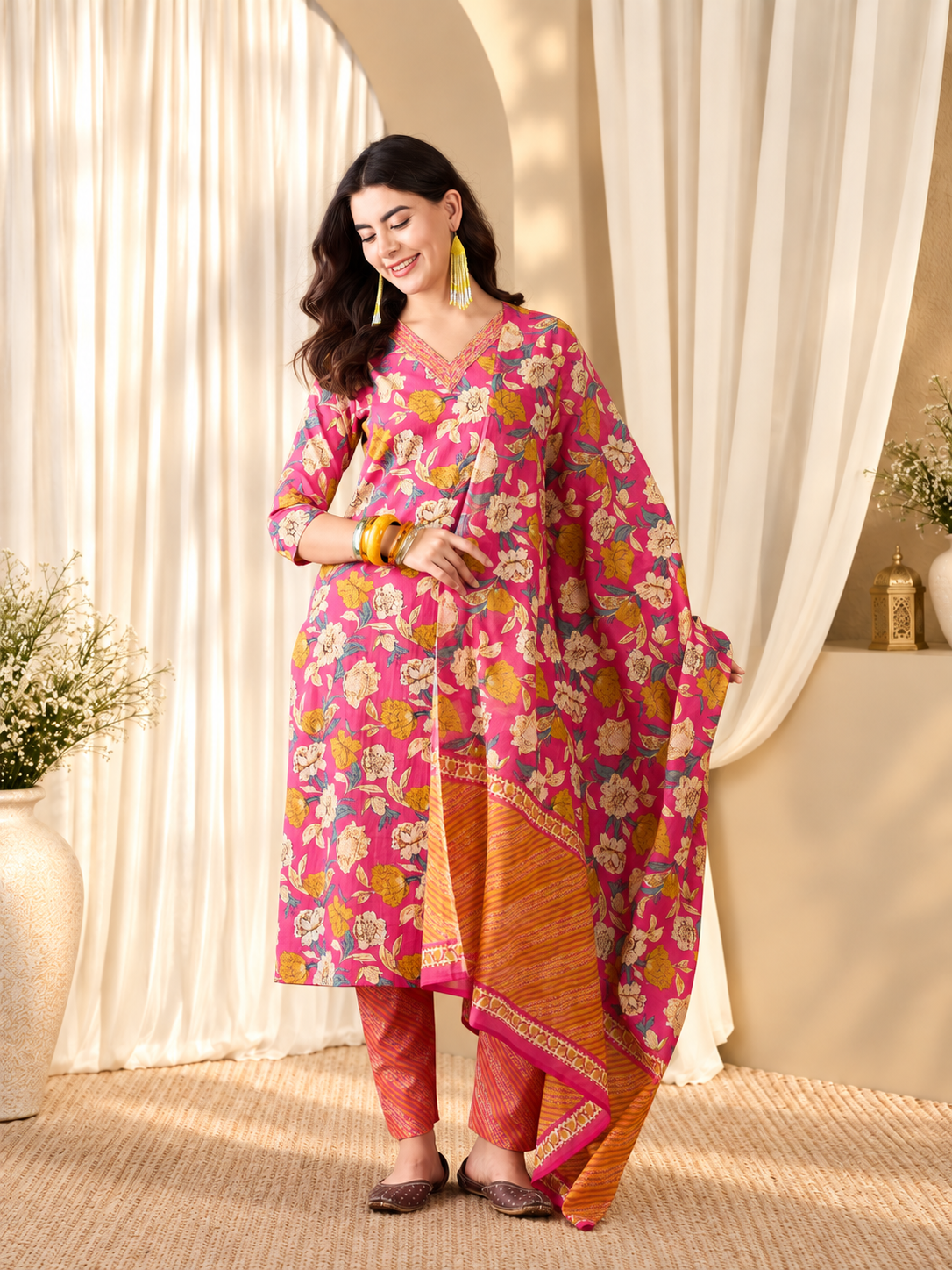 Women's Pink & Yellow Pure Cotton Floral Print Kurta & Trousers With Dupatta Set