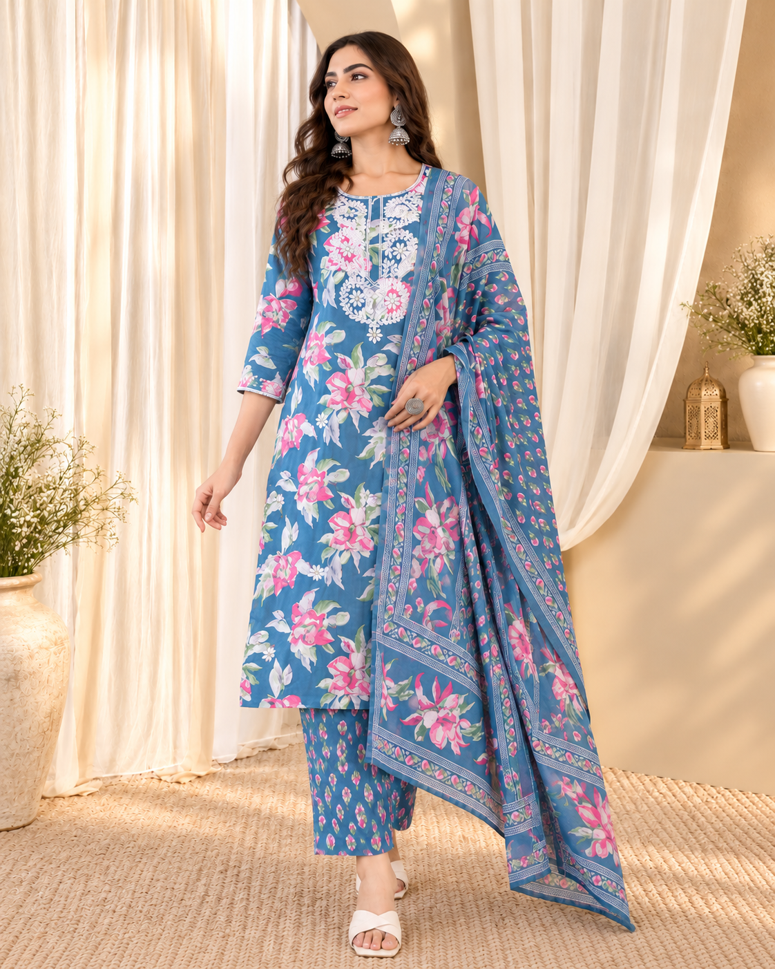 Women's Teal Blue & Pink Pure Cotton Floral Print Kurta & Trousers With Dupatta Set