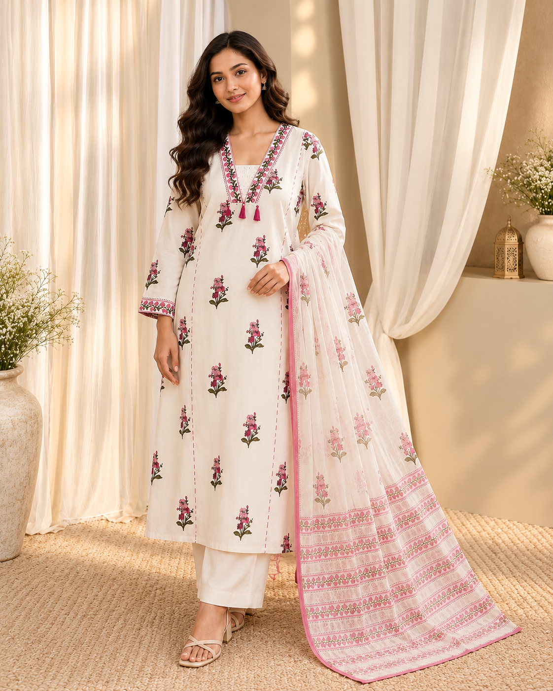 Women's Off-White & Dusty Pink Floral Print Cotton Kurta With Pant & Dupatta Set