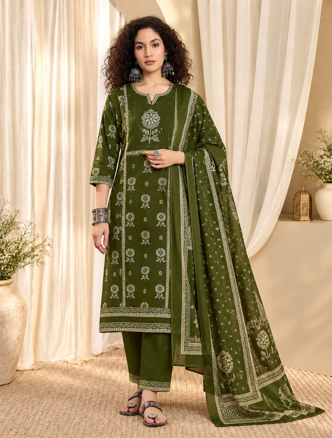 Women's Green Printed Round Neck Kurta With Trousers & Dupatta Set