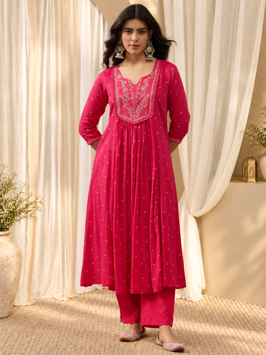 Women's Pink Printed Round Neck A-Line Kurta With Trousers & Dupatta Set
