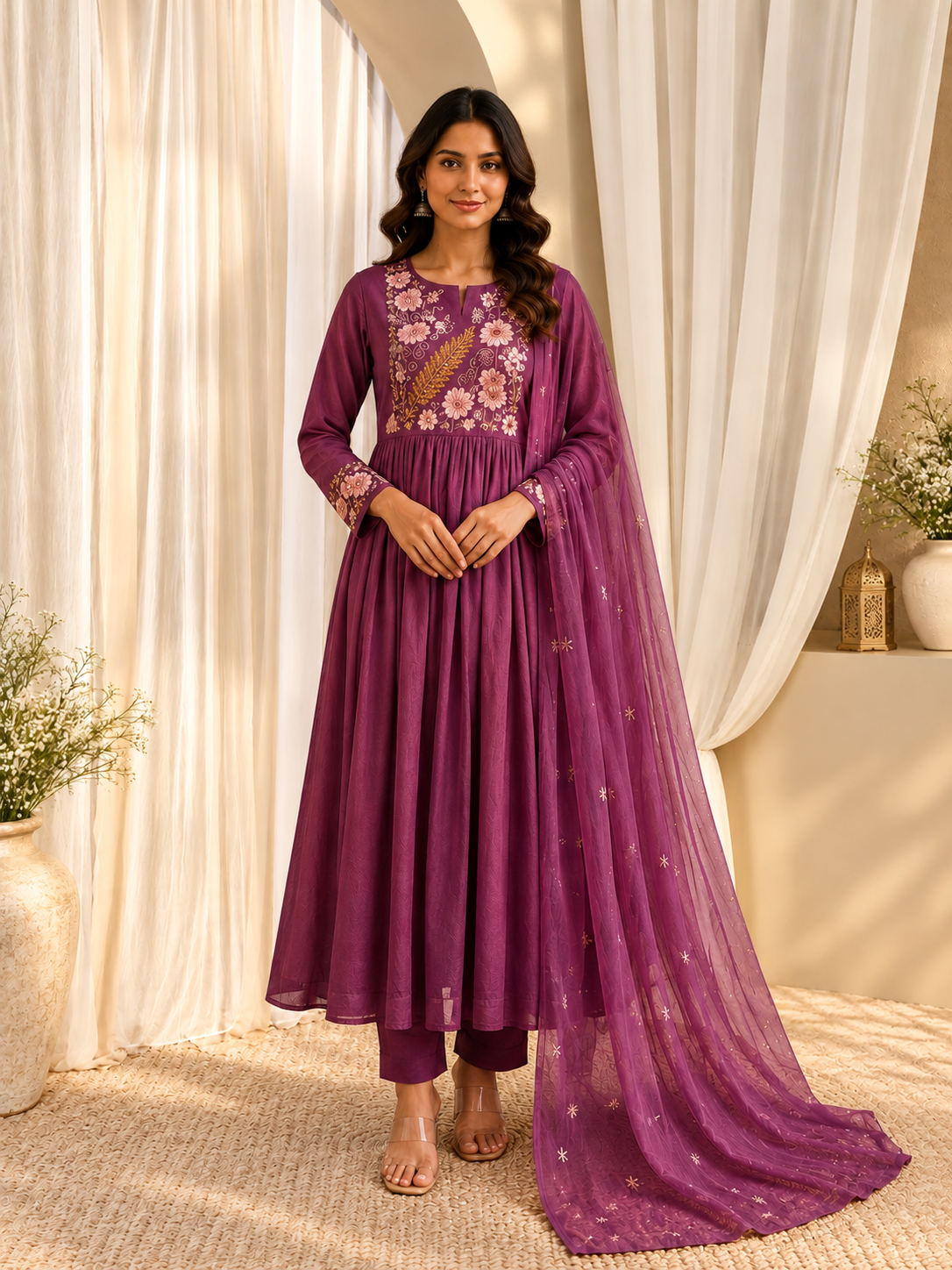 Women's Mauve Pink Embroidered Cotton Kurta With Pant & Dupatta Set