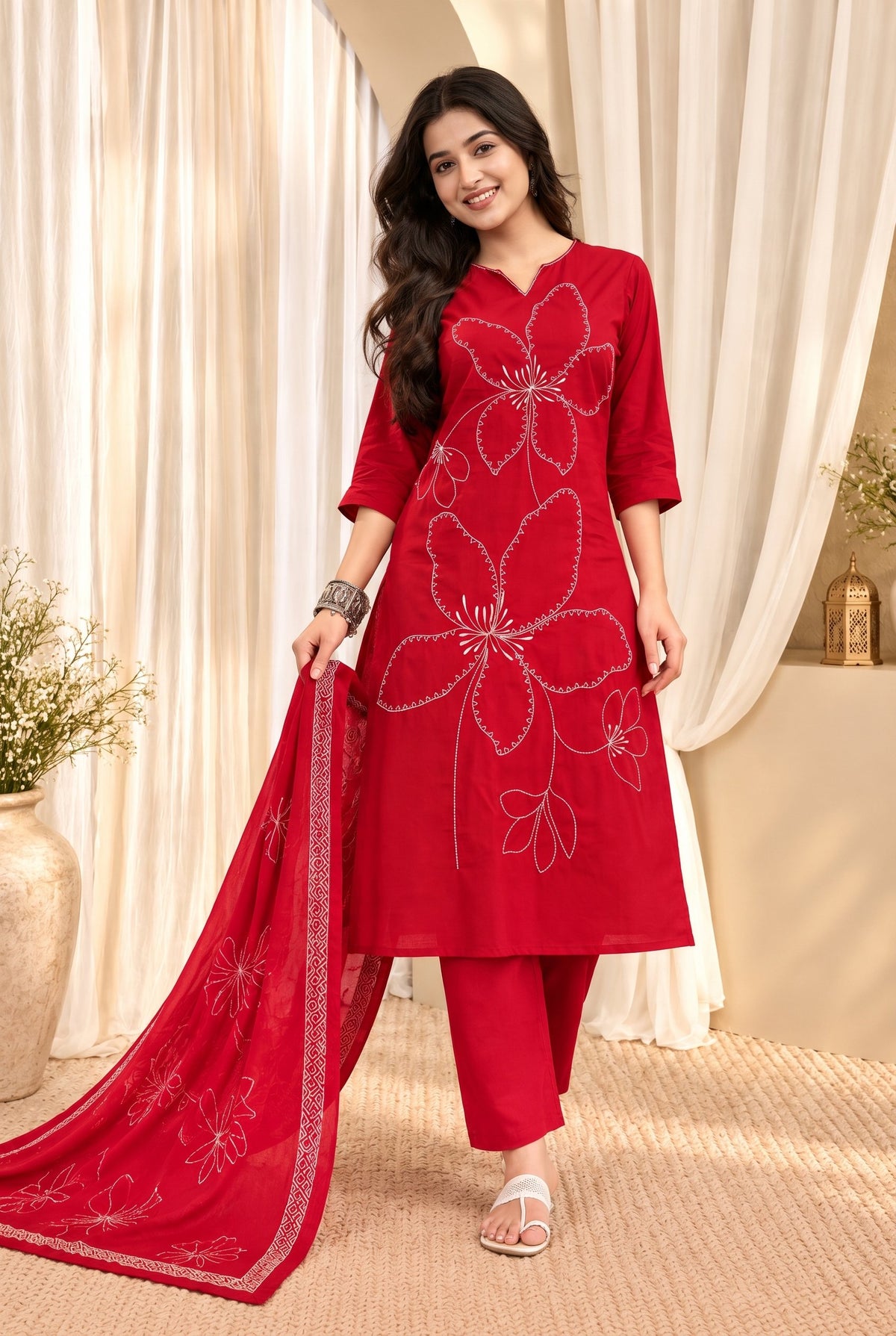 Women's Red Cotton Floral Print Kurta & Trousers With Dupatta Set