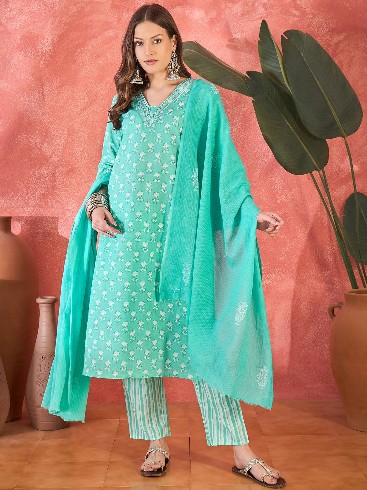 Women's Mint Green Pure Cotton V Neck Kurta & Pant With Dupatta Set