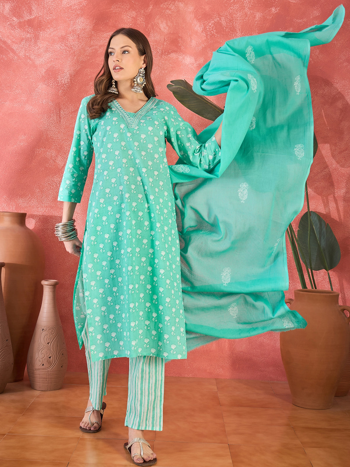 Women's Mint Green Pure Cotton V Neck Kurta & Pant With Dupatta Set