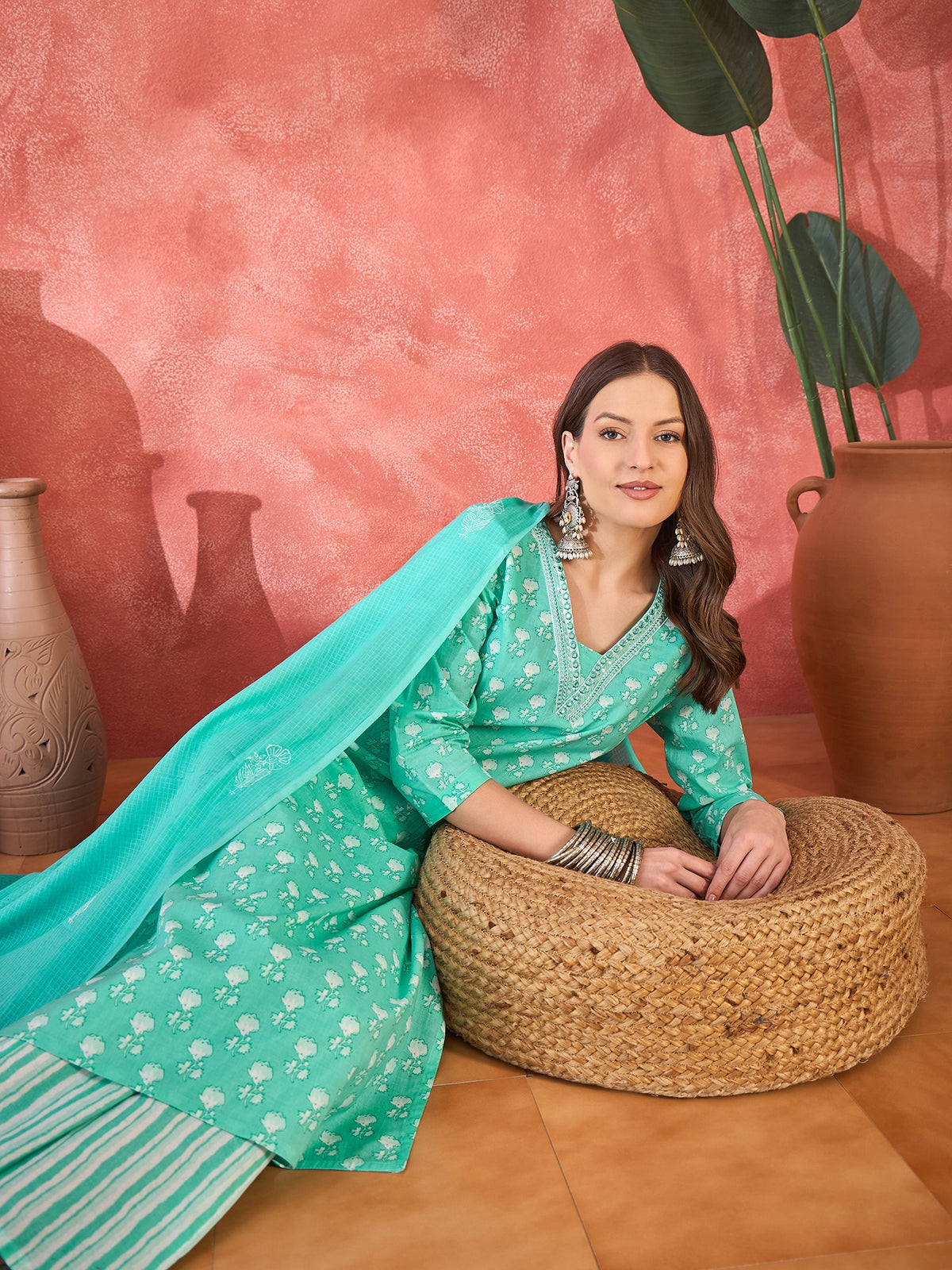 Women's Mint Green Pure Cotton V Neck Kurta & Pant With Dupatta Set