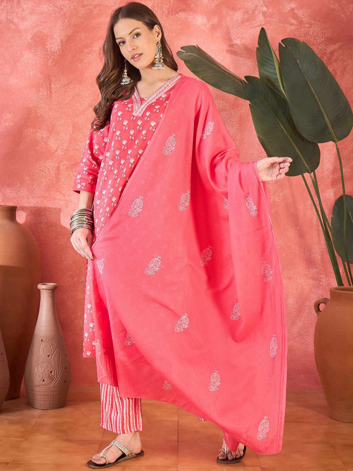 Women's Coral Pink Pure Cotton V Neck Kurta & Pant With Dupatta Set