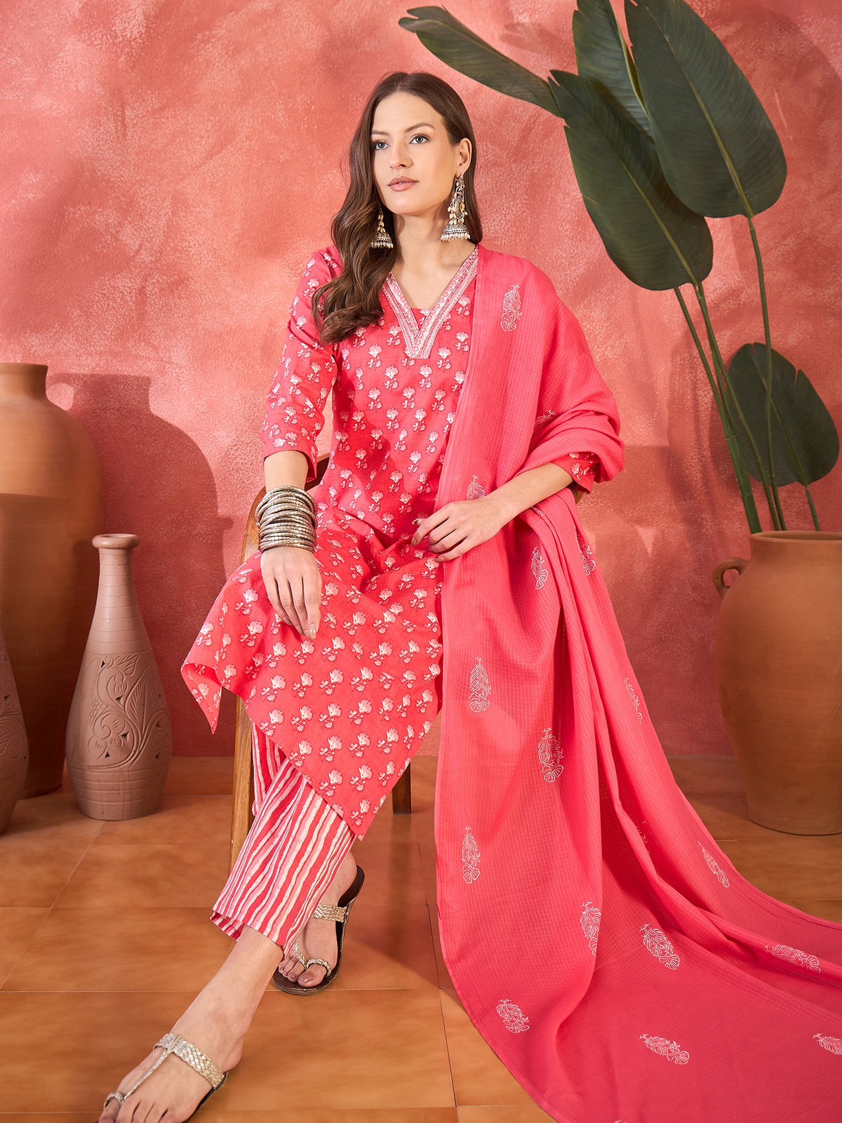 Women's Coral Pink Pure Cotton V Neck Kurta & Pant With Dupatta Set