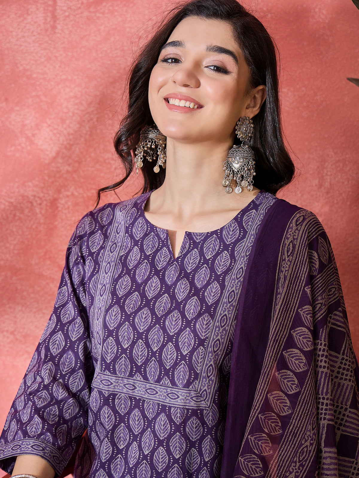 Women's Violet Floral Print Pure Cotton Straight Kurta & Trousers With Dupatta Set