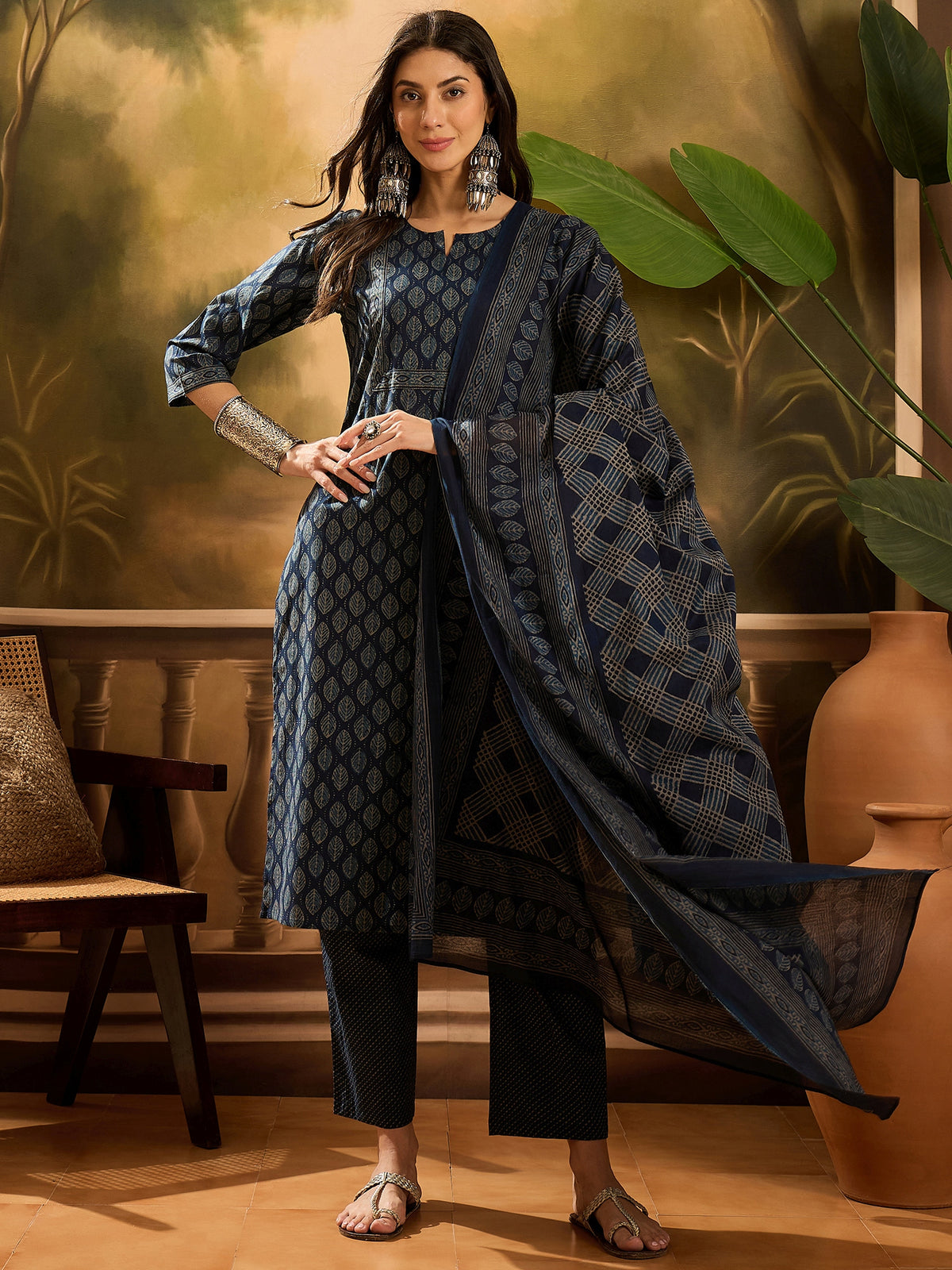 Women's Navy Blue Floral Print Pure Cotton Straight Kurta & Trousers With Dupatta Set