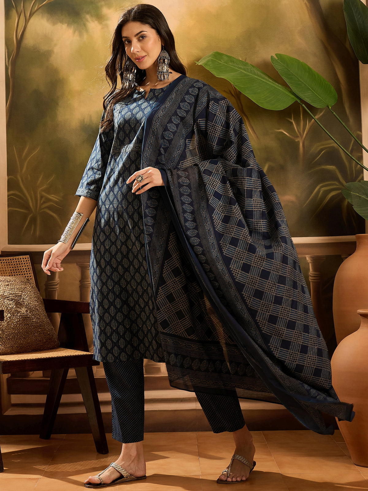 Women's Navy Blue Floral Print Pure Cotton Straight Kurta & Trousers With Dupatta Set