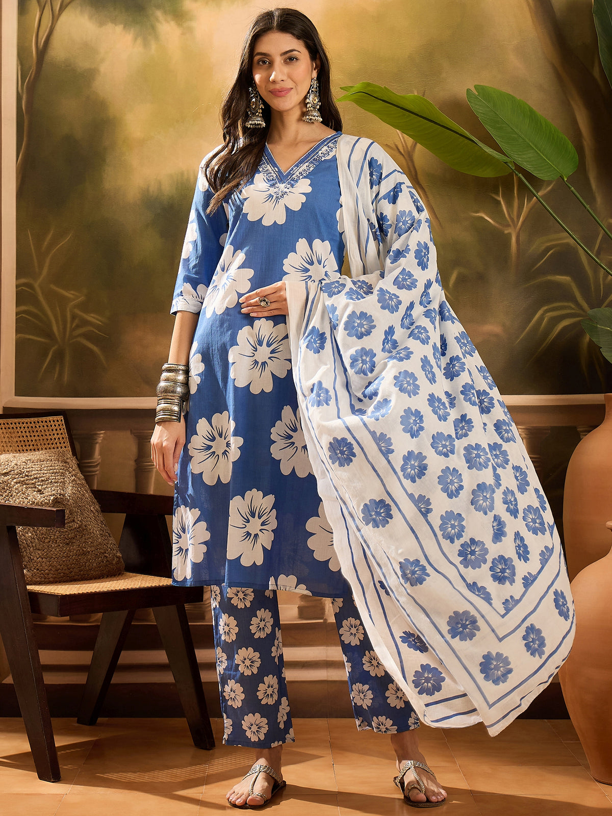 Women's Blue Pure Cotton V Neck Kurta & Pant With Dupatta Set