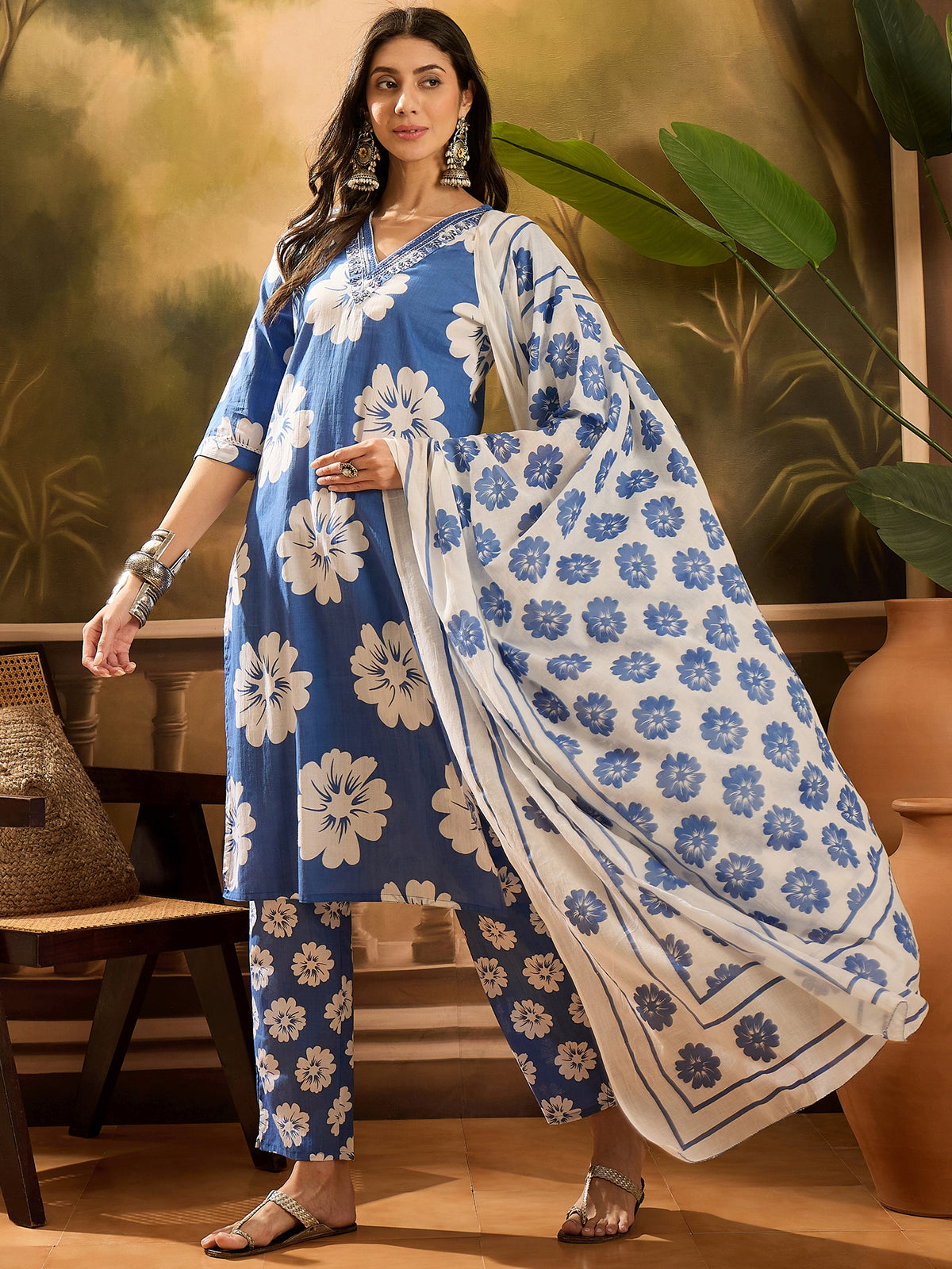 Women's Blue Pure Cotton V Neck Kurta & Pant With Dupatta Set