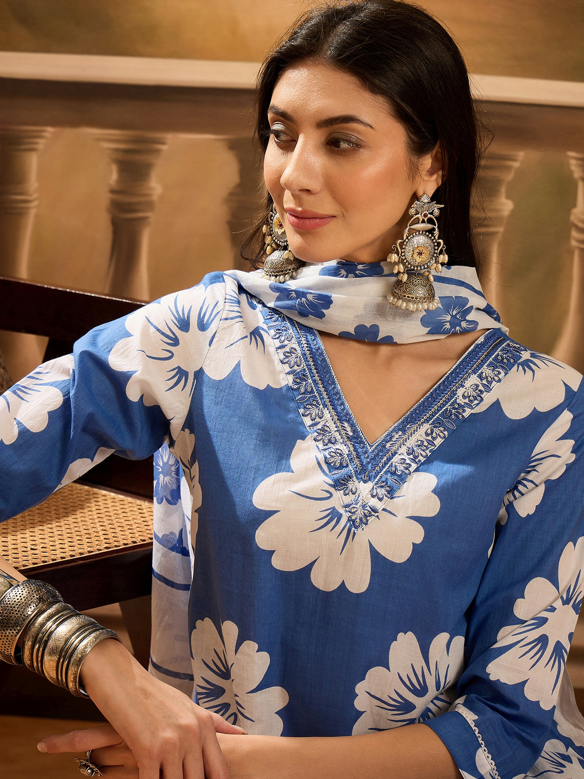 Women's Blue Pure Cotton V Neck Kurta & Pant With Dupatta Set