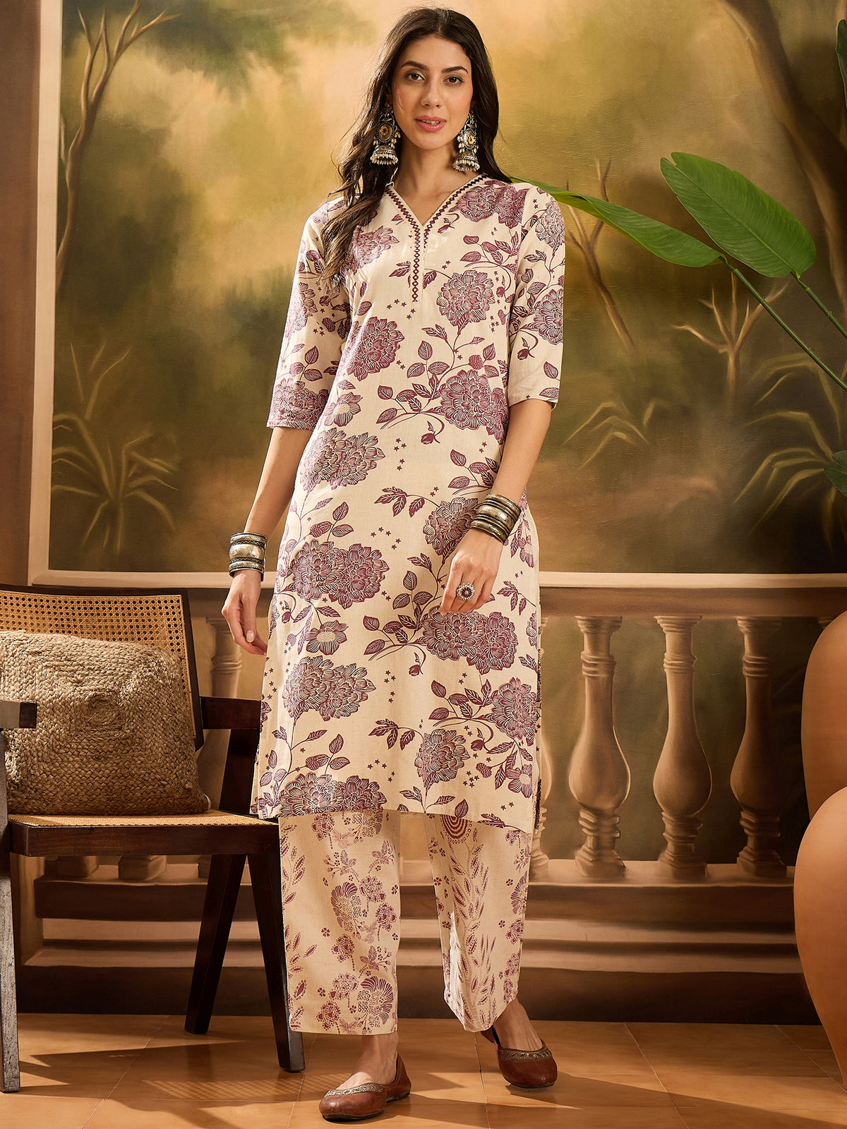 Women's Floral Printed V-Neck Mirror Work Pure Cotton Straight Kurta With Trousers Set