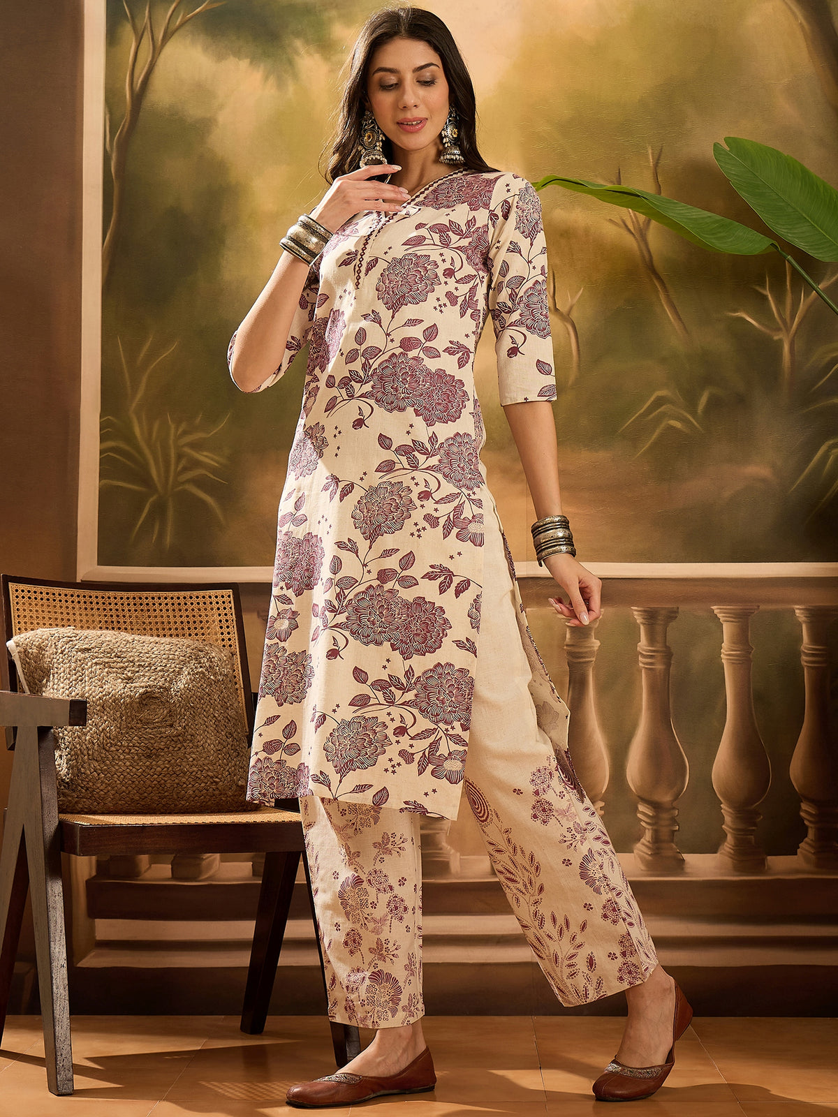 Women's Floral Printed V-Neck Mirror Work Pure Cotton Straight Kurta With Trousers Set