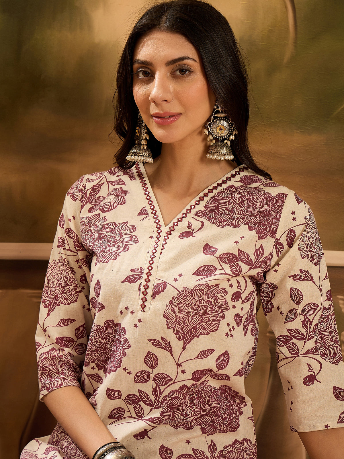 Women's Floral Printed V-Neck Mirror Work Pure Cotton Straight Kurta With Trousers Set