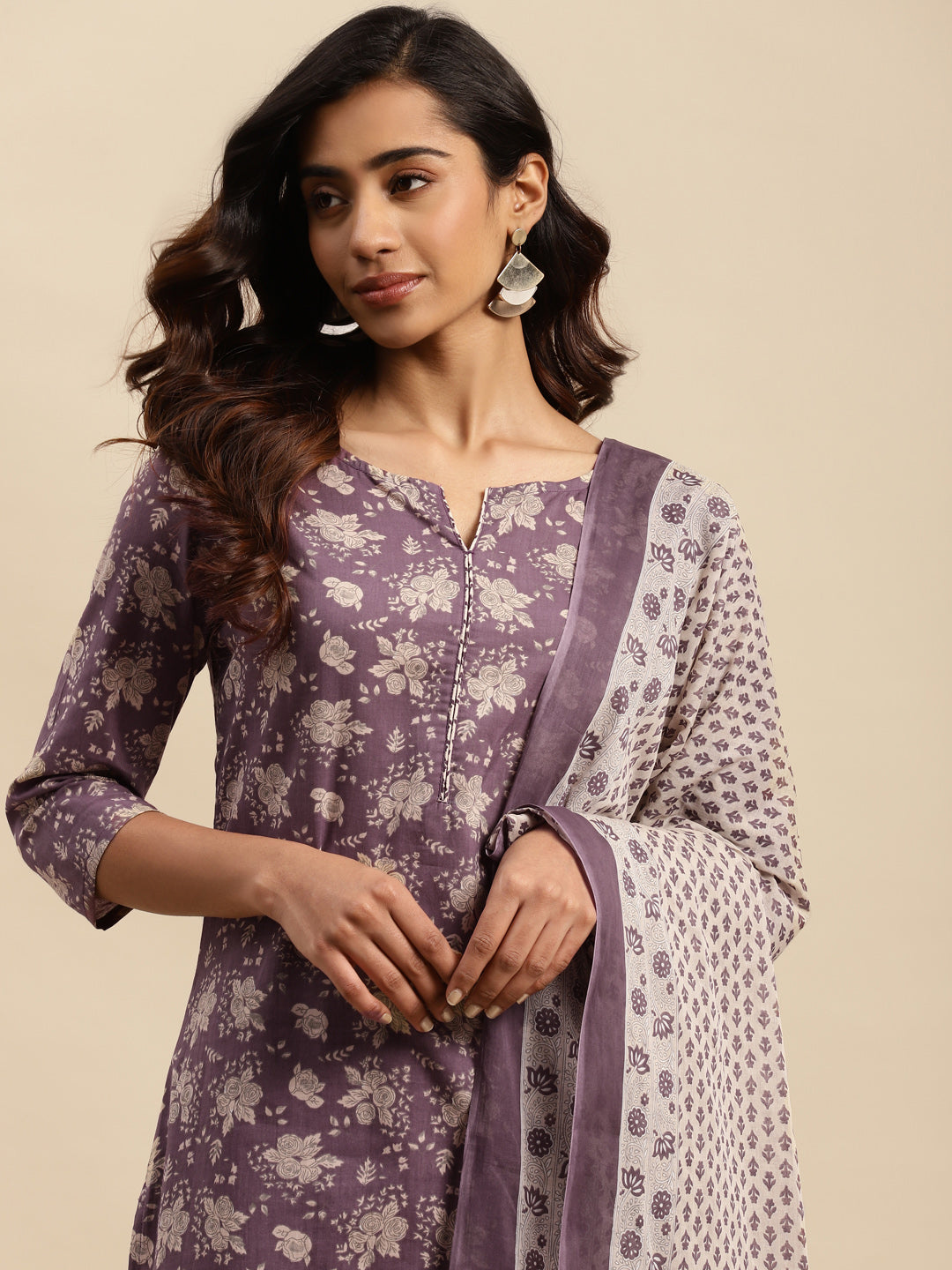 Women's Charcoal Floral Print Pure Cotton Straight Kurta & Trousers With Dupatta Set