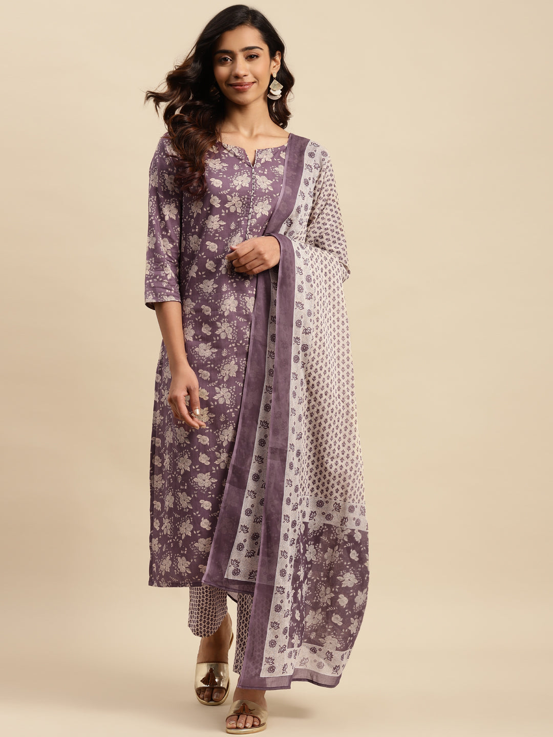 Women's Charcoal Floral Print Pure Cotton Straight Kurta & Trousers With Dupatta Set