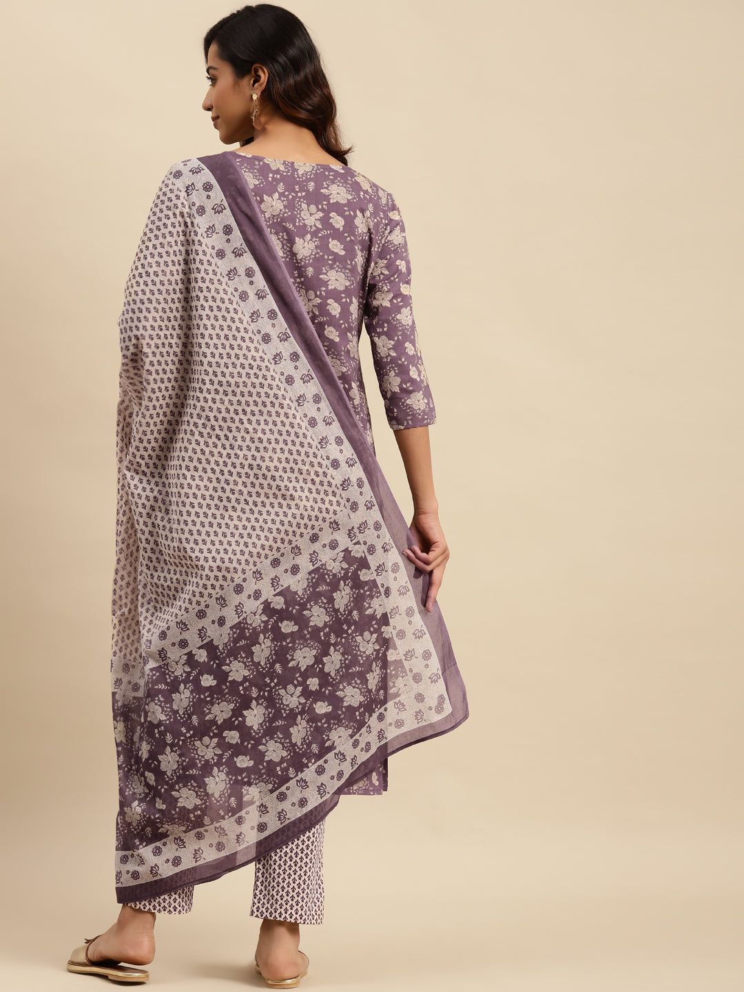 Women's Charcoal Floral Print Pure Cotton Straight Kurta & Trousers With Dupatta Set