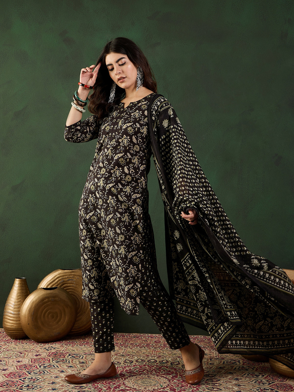 Women's Black Printed Pure Cotton Straight Kurta & Trousers With Dupatta Set