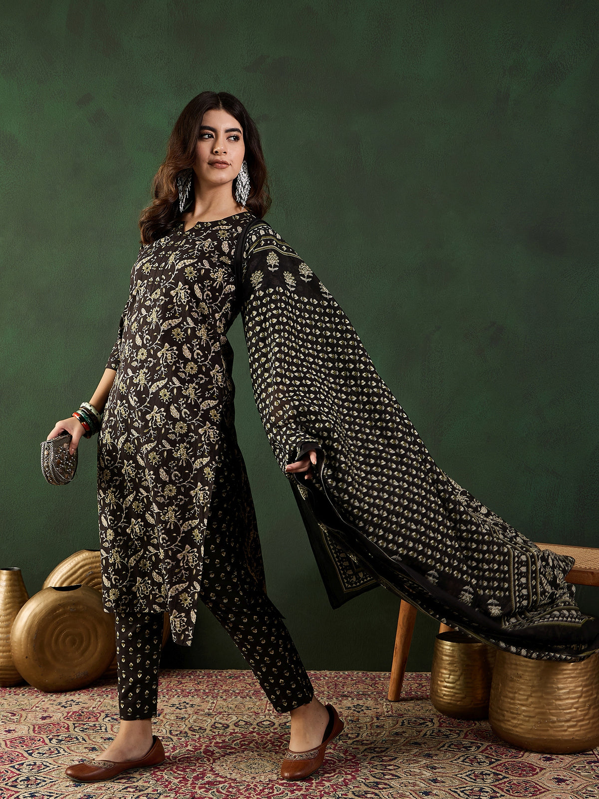 Women's Black Printed Pure Cotton Straight Kurta & Trousers With Dupatta Set