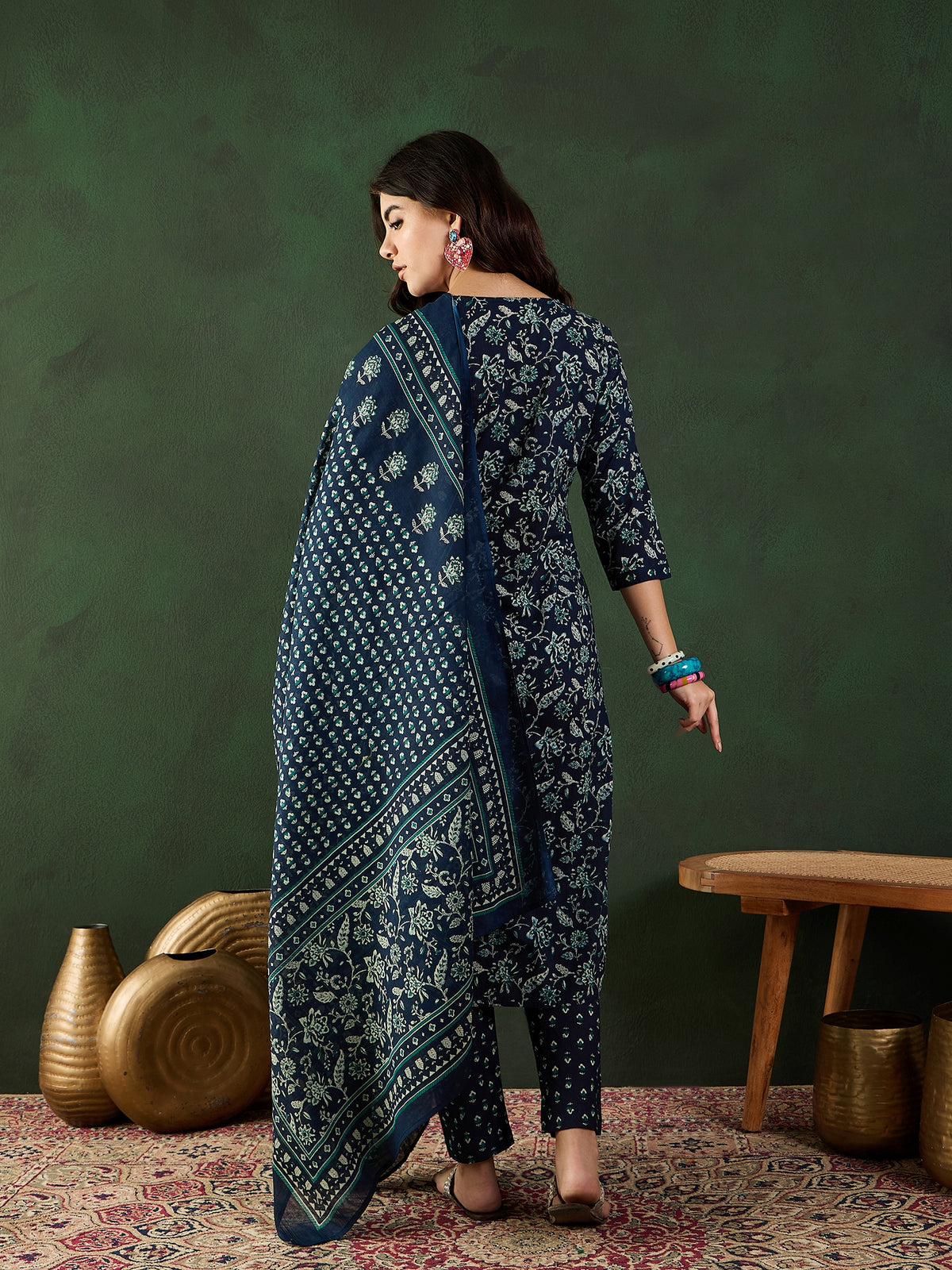 Women's Navy Blue Printed Pure Cotton Straight Kurta & Trousers With Dupatta Set