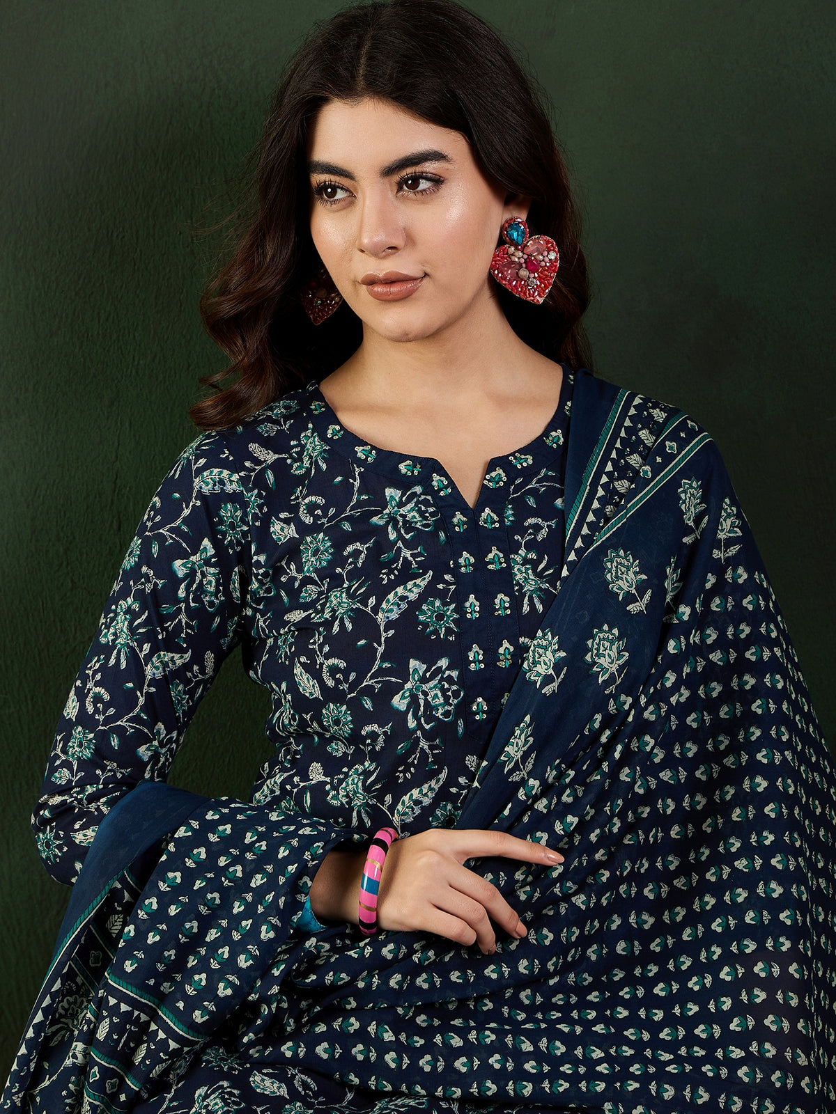 Women's Navy Blue Printed Pure Cotton Straight Kurta & Trousers With Dupatta Set