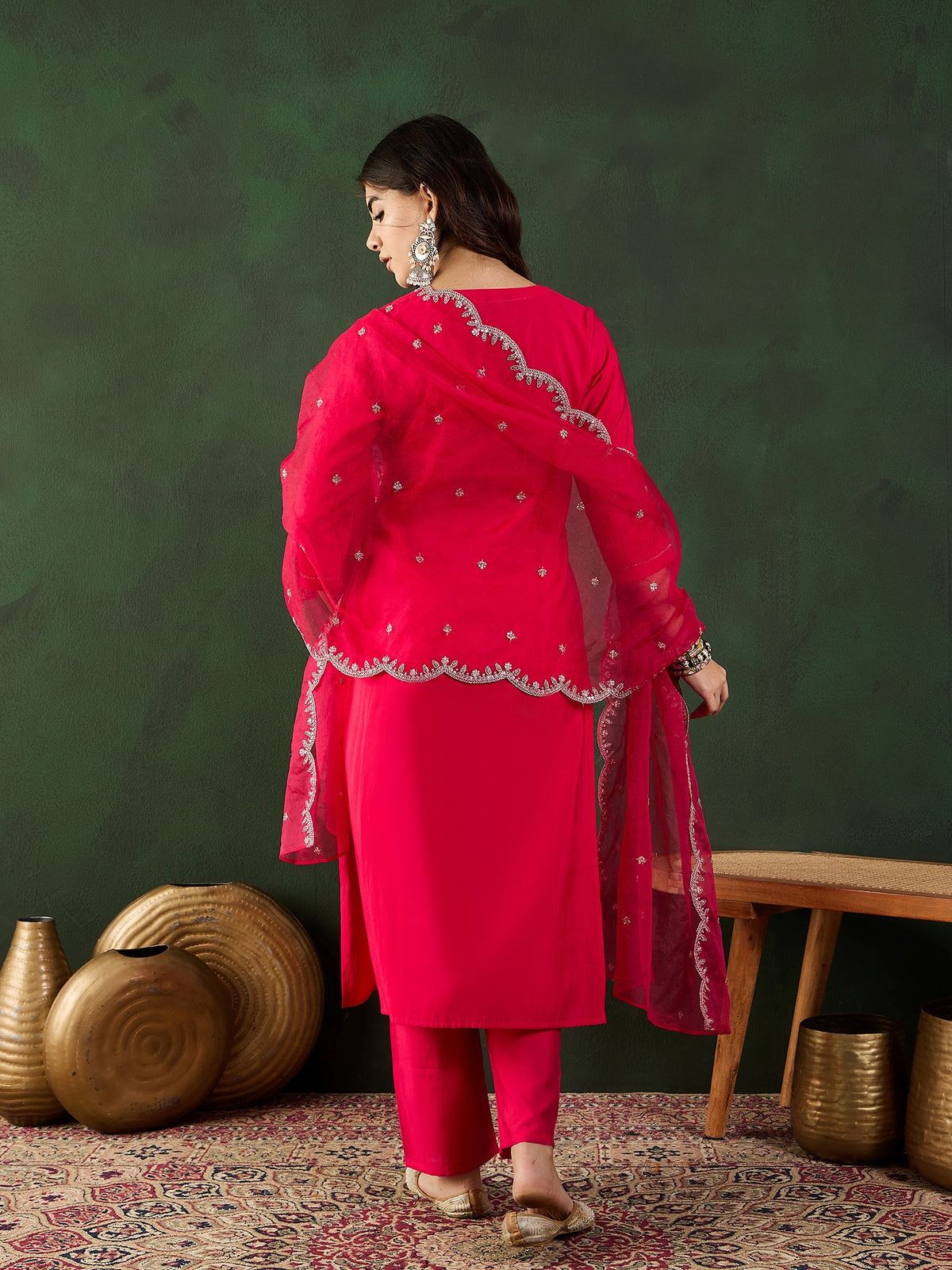 Women's Rani Pink Straight Kurta & Trouser With Dupatta Set