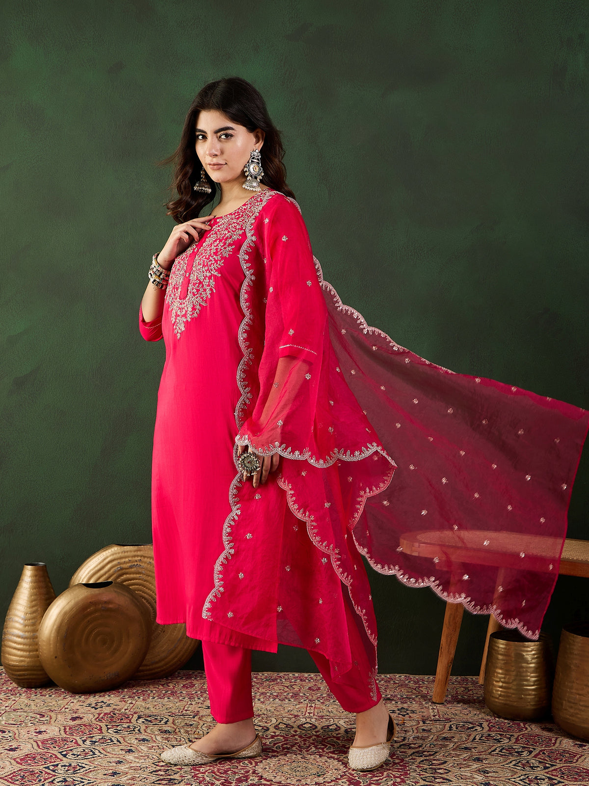 Women's Rani Pink Straight Kurta & Trouser With Dupatta Set