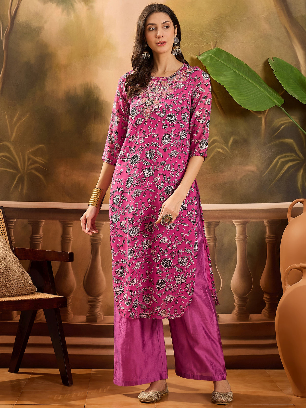 Women's Red Ethnic Motifs Print Pure Cotton Anarkali Kurta & Trousers With Dupatta Set